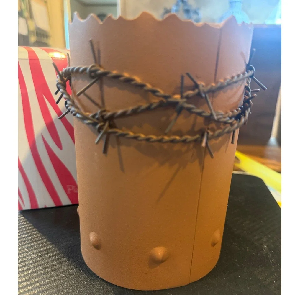 Pink Zebra Rustic Western Barbed Wire Metal Candle Sleeve Terracotta Brown